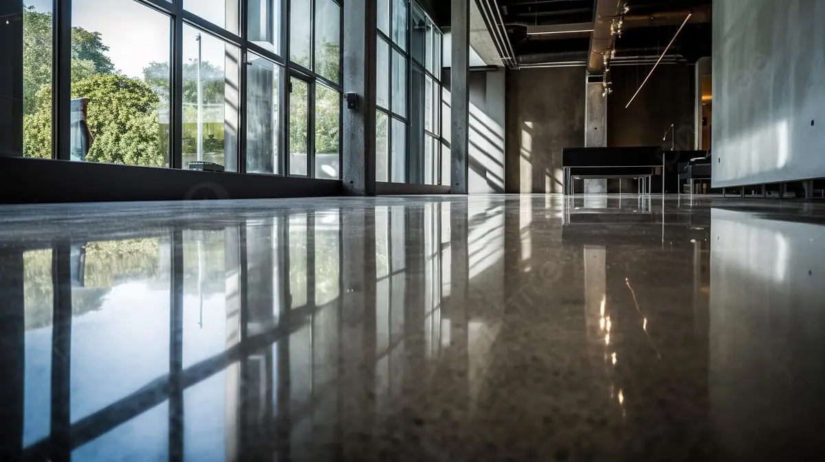 Mirror-finish polished concrete floor in a modern commercial space